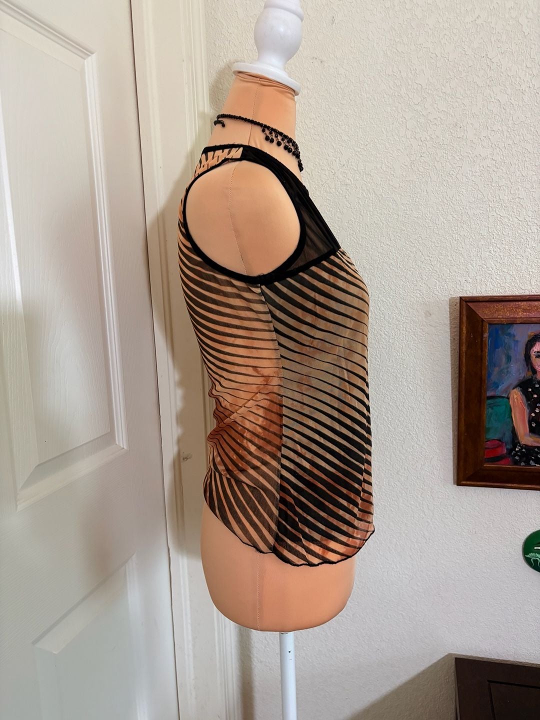 Vintage Sheer Mesh Striped Tank Top Y2K Grunge Brown Black 5