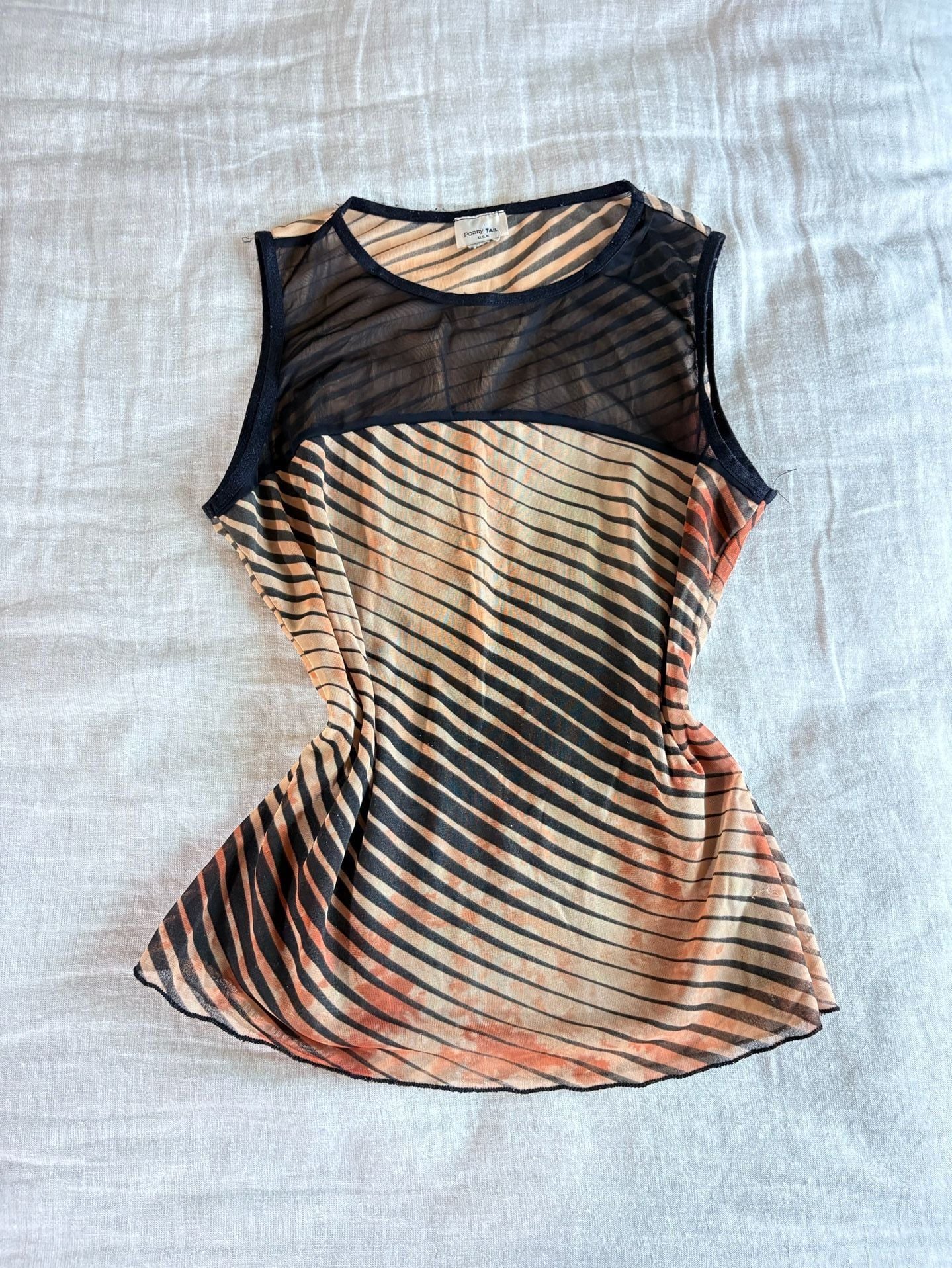 Vintage Sheer Mesh Striped Tank Top Y2K Grunge Brown Black 9