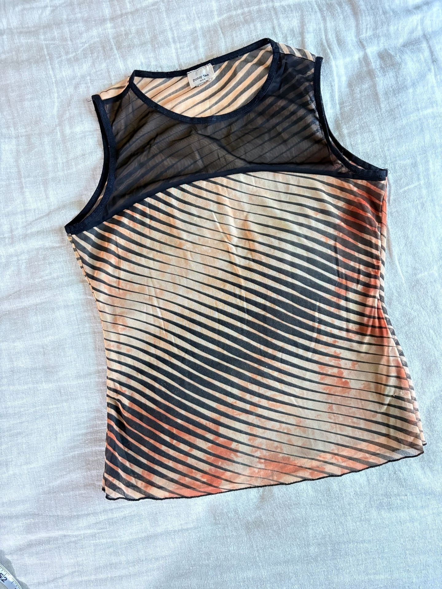 Vintage Sheer Mesh Striped Tank Top Y2K Grunge Brown Black 10
