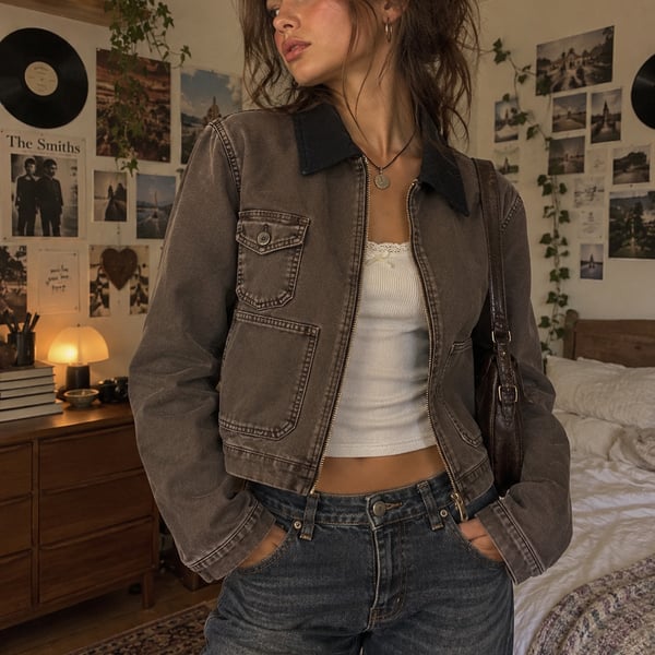 Wild Fable Brown Canvas Chore Jacket Black Corduroy Collar Utility Workwear M