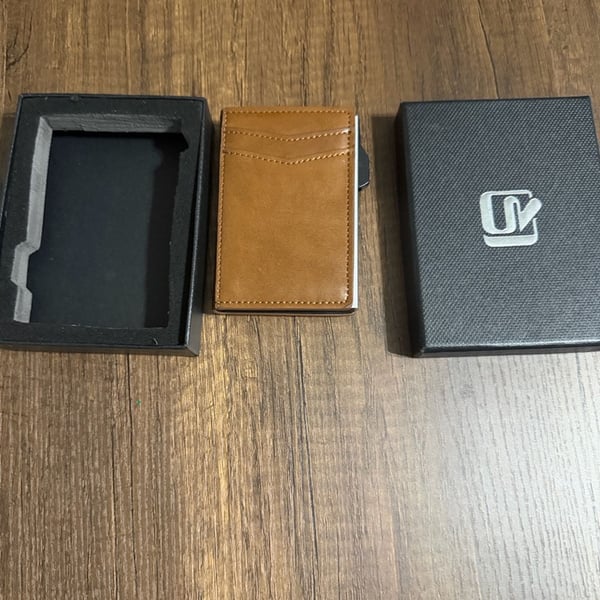 AirTag Pop-Up Card Holder Brown Leather Wallet with Box