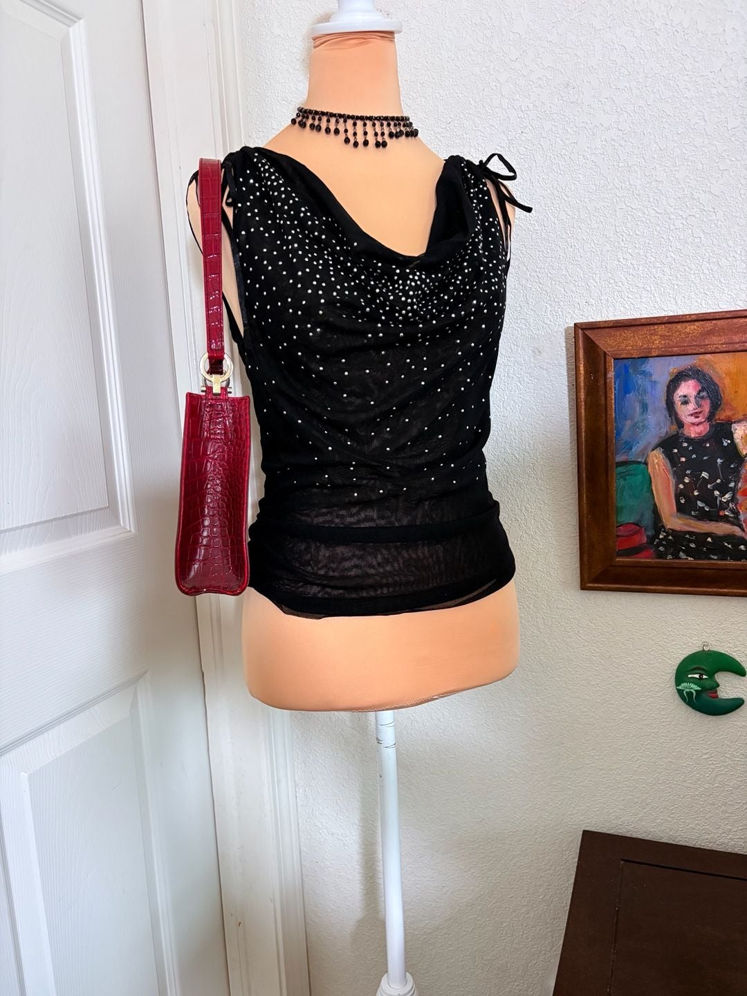 Vintage Y2K Black Rhinestone Mesh Cowl Neck Tie Shoulder Top 2