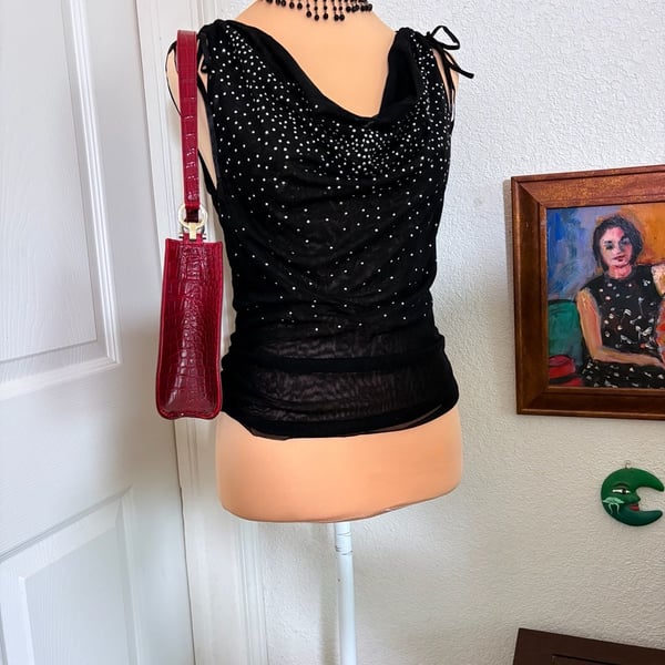 Vintage Y2K Black Rhinestone Mesh Cowl Neck Tie Shoulder Top