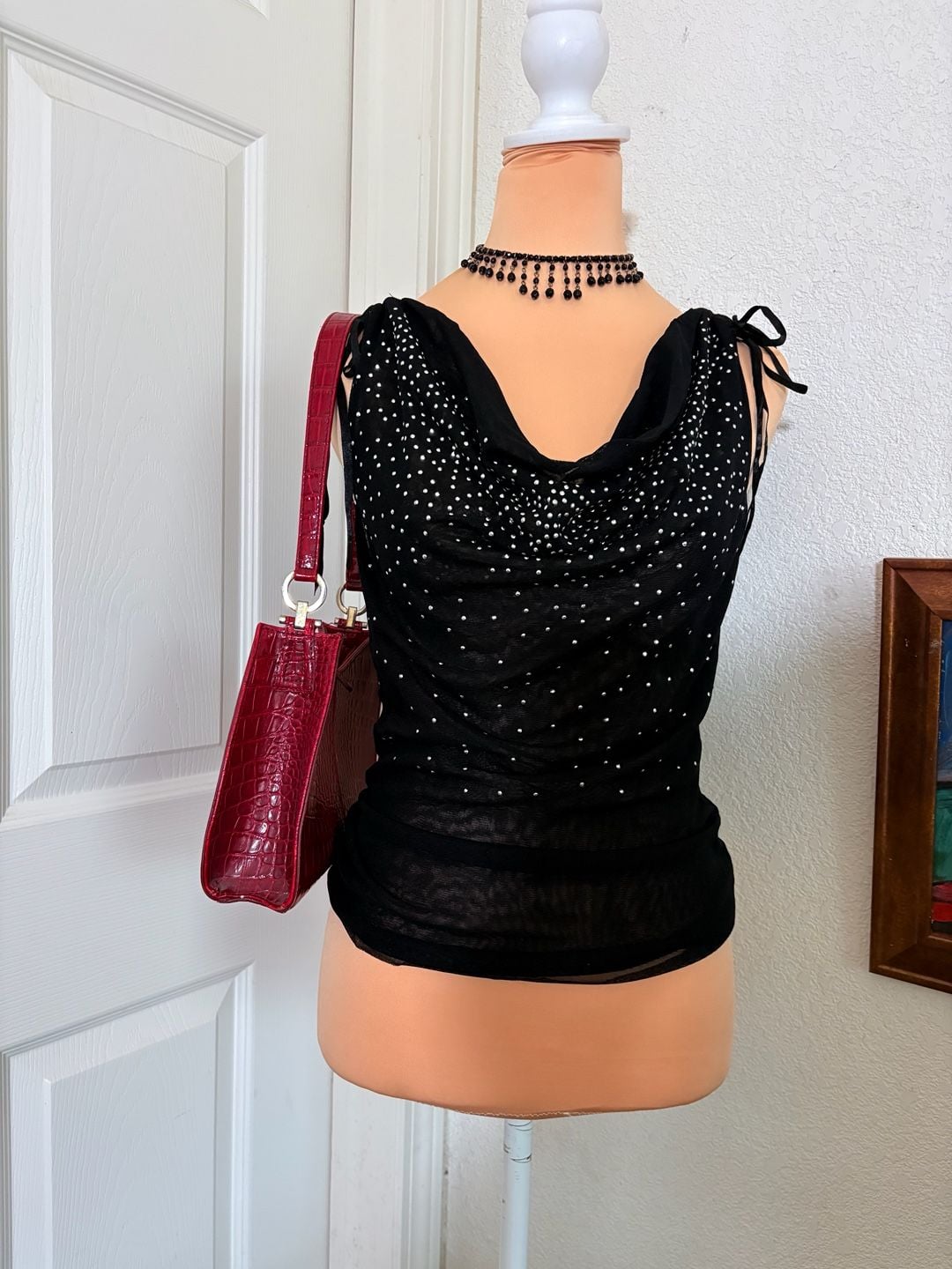 Vintage Y2K Black Rhinestone Mesh Cowl Neck Tie Shoulder Top 3