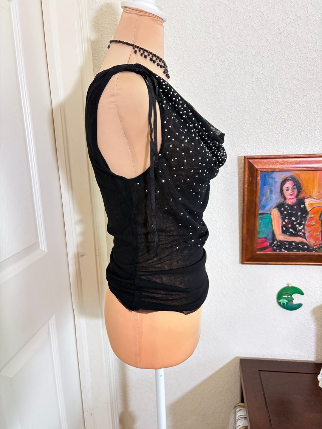 Vintage Y2K Black Rhinestone Mesh Cowl Neck Tie Shoulder Top 4