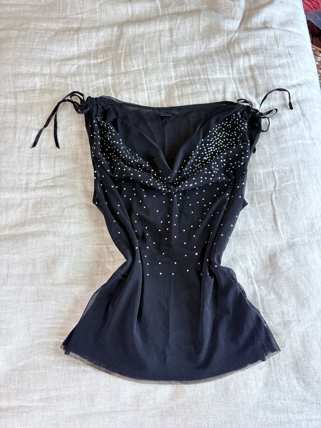 Vintage Y2K Black Rhinestone Mesh Cowl Neck Tie Shoulder Top 7