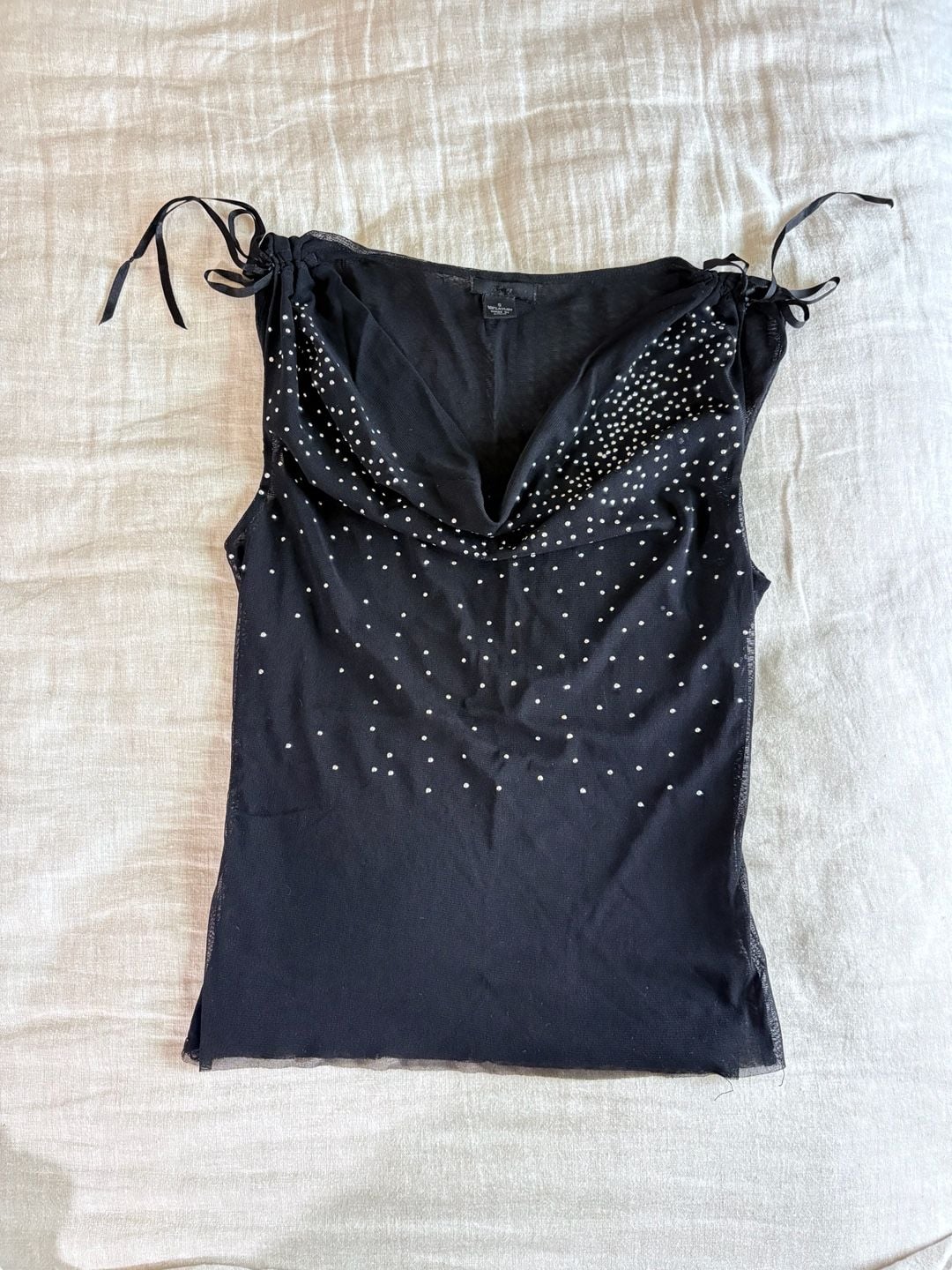 Vintage Y2K Black Rhinestone Mesh Cowl Neck Tie Shoulder Top 10