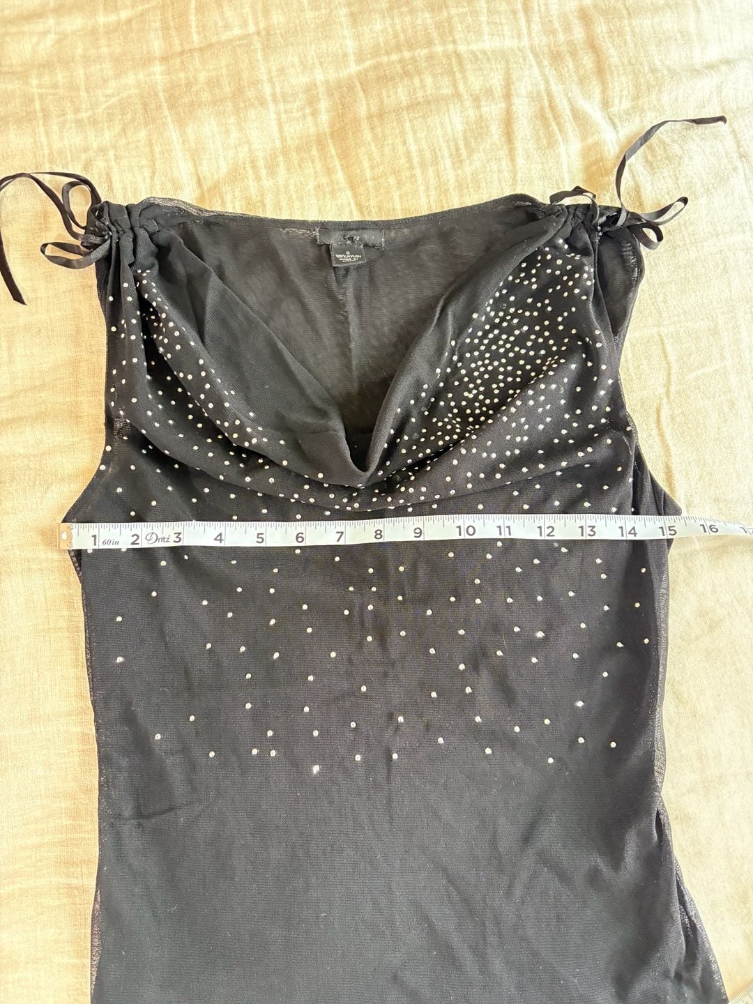 Vintage Y2K Black Rhinestone Mesh Cowl Neck Tie Shoulder Top 11