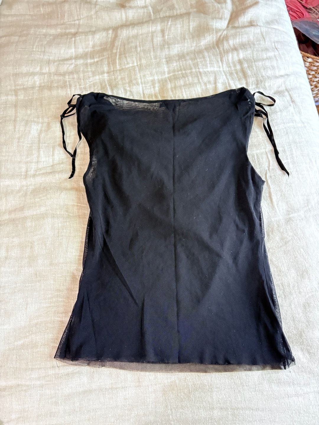 Vintage Y2K Black Rhinestone Mesh Cowl Neck Tie Shoulder Top 12