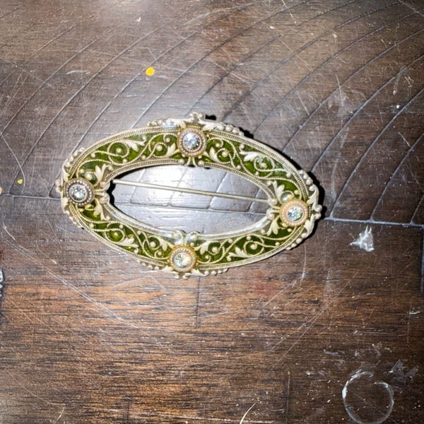 Vintage Filigree Oval Brooch Enamel and Rhinestone Art Deco Pin