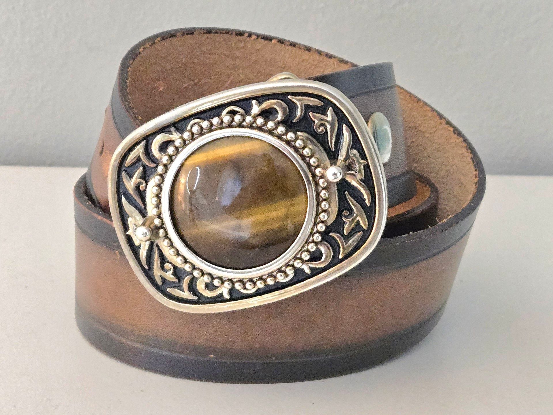 Genuine Leather Tiger Eye Stone Buckle Belt Size 36 Brown Made In USA 1