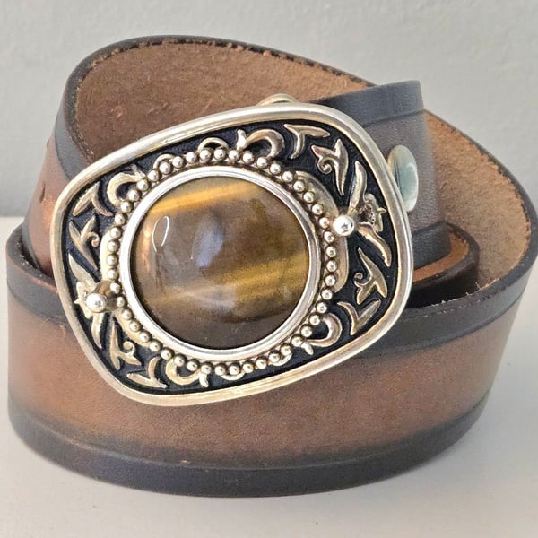 Genuine Leather Tiger Eye Stone Buckle Belt Size 36 Brown Made In USA