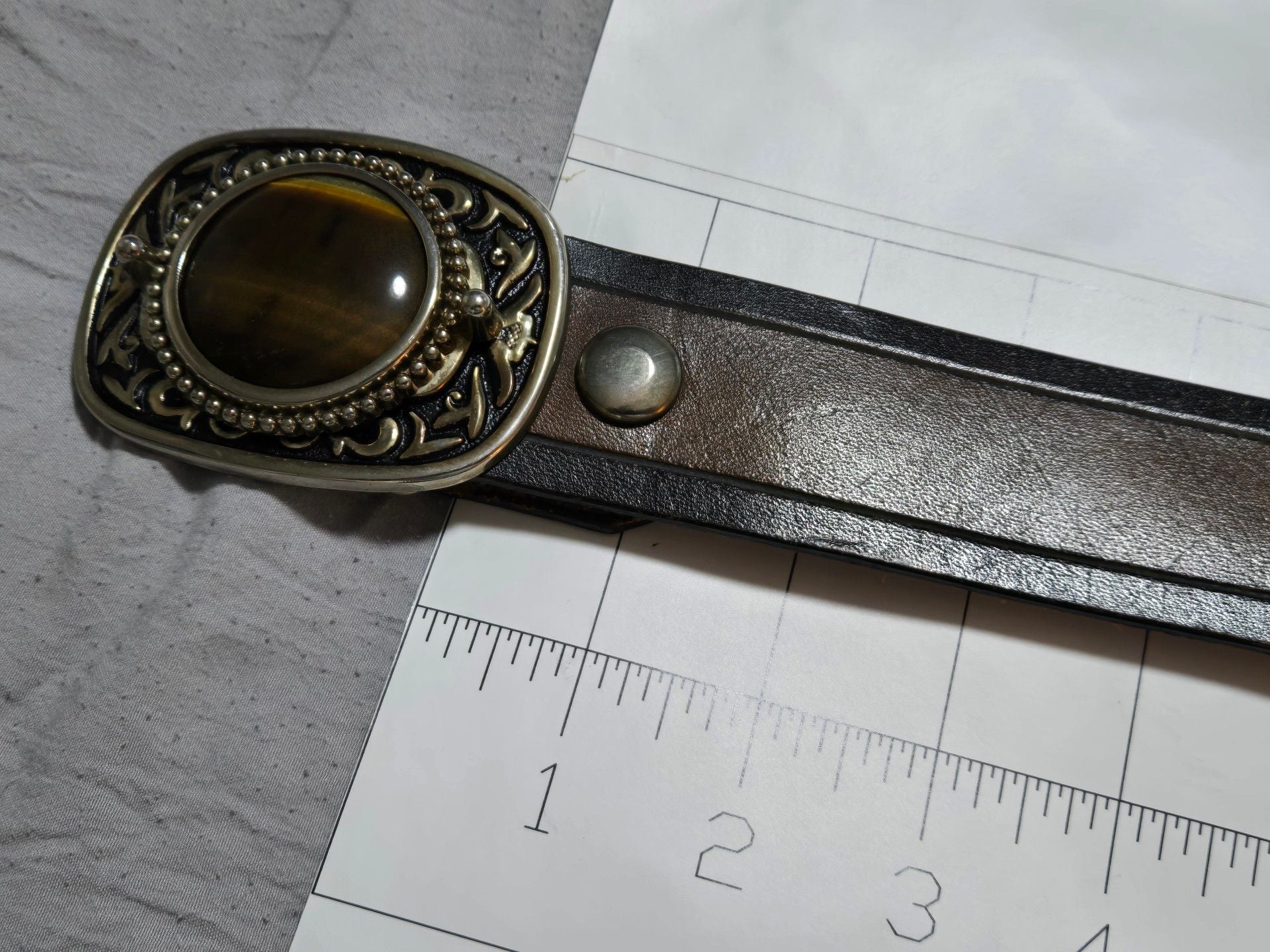Genuine Leather Tiger Eye Stone Buckle Belt Size 36 Brown Made In USA 5