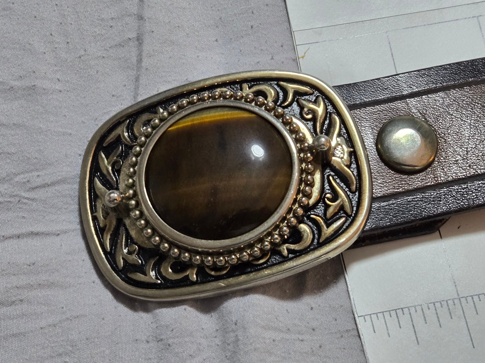 Genuine Leather Tiger Eye Stone Buckle Belt Size 36 Brown Made In USA 9