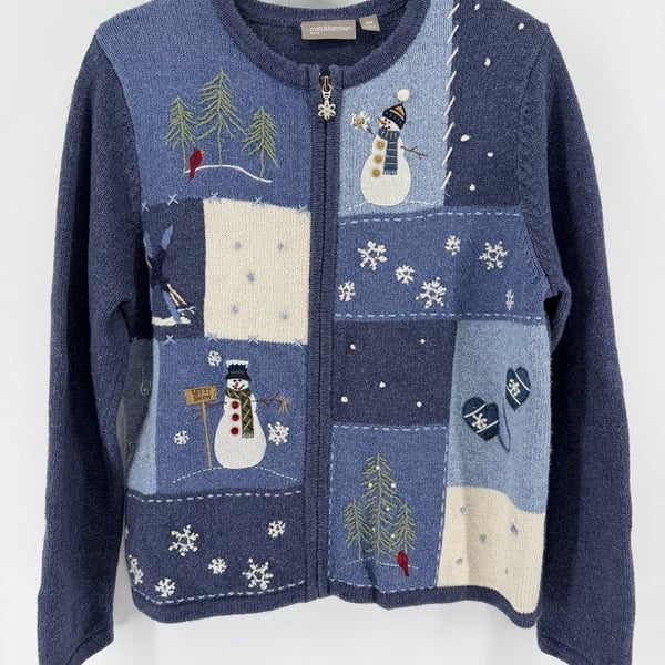 Croft & Barrow Petite PM Blue Snowman Winter Patchwork Zip Sweater Cottagecore