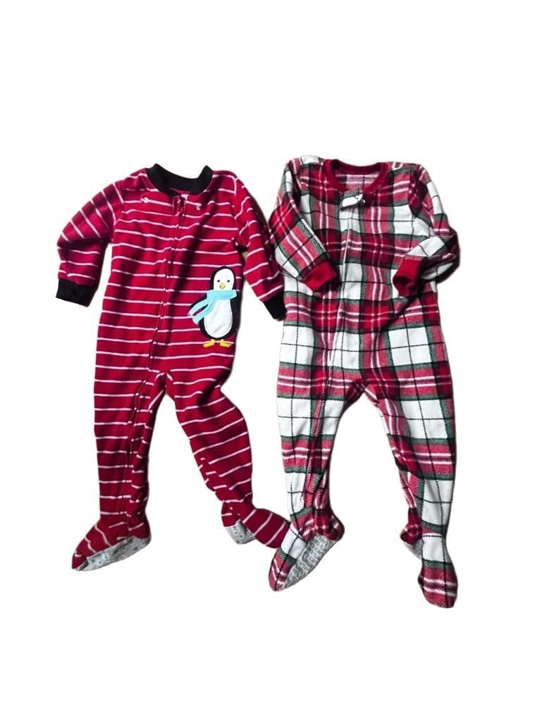 Carter's Fleece Footed Pajamas 18 Months Lot Of 2 Penguin And Plaid 1