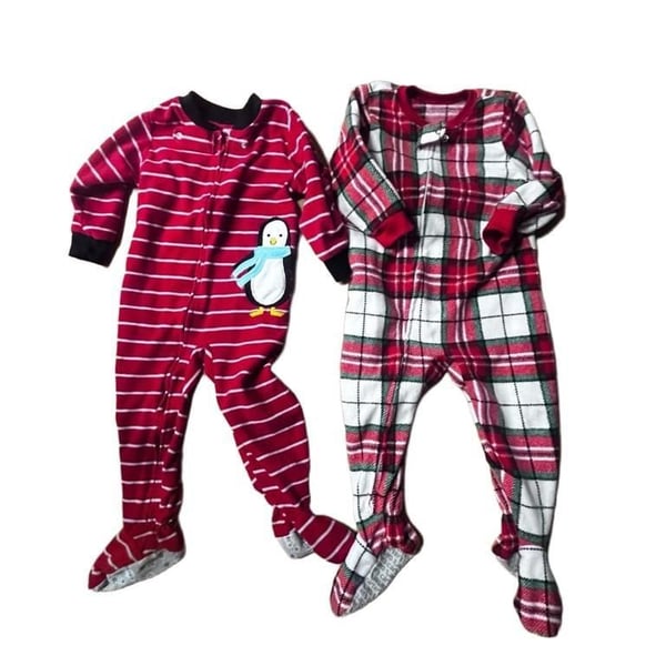 Carter's Fleece Footed Pajamas 18 Months Lot Of 2 Penguin And Plaid