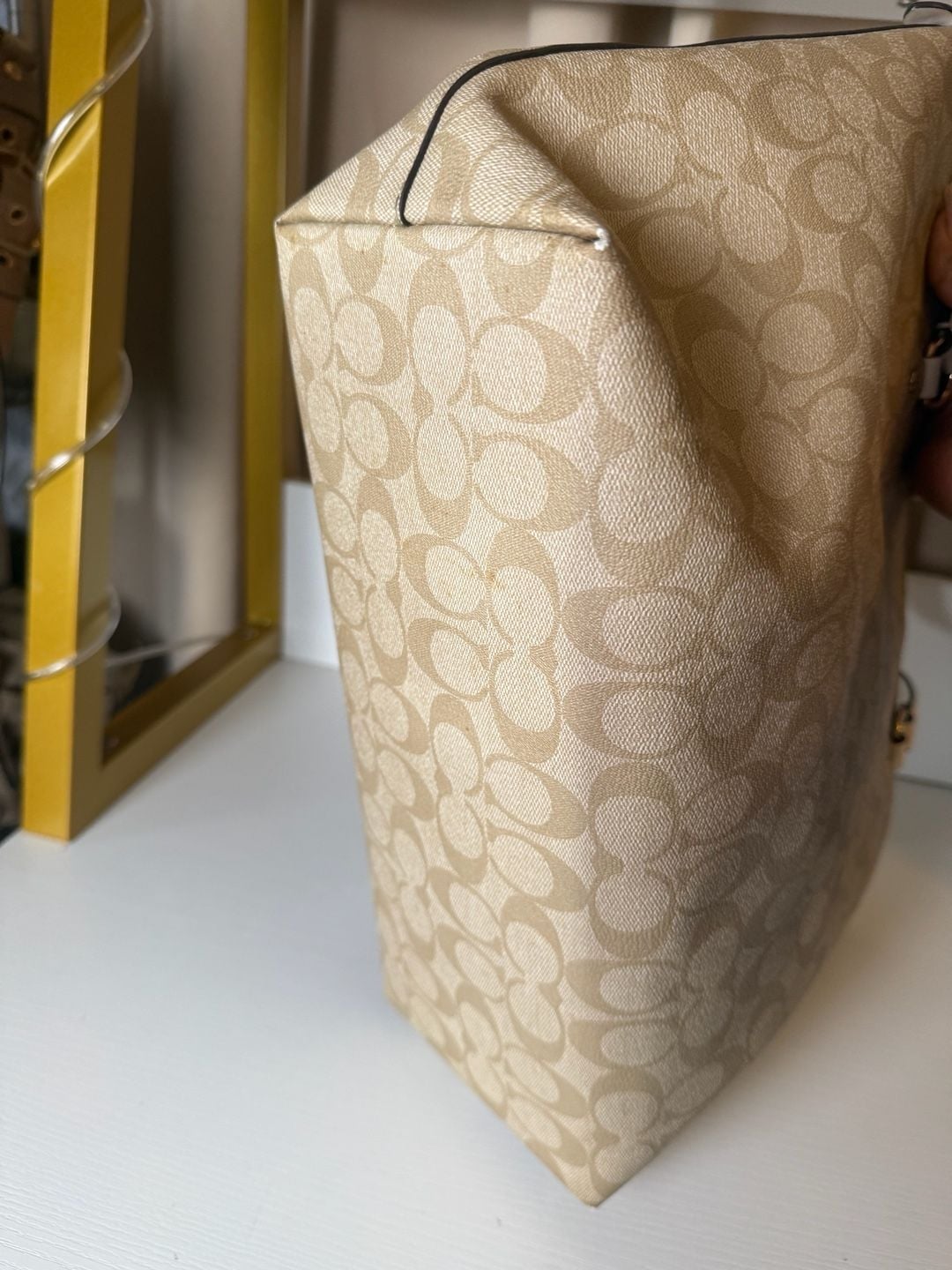 Coach Signature Zip Top Tote Bag Khaki Chalk White 4