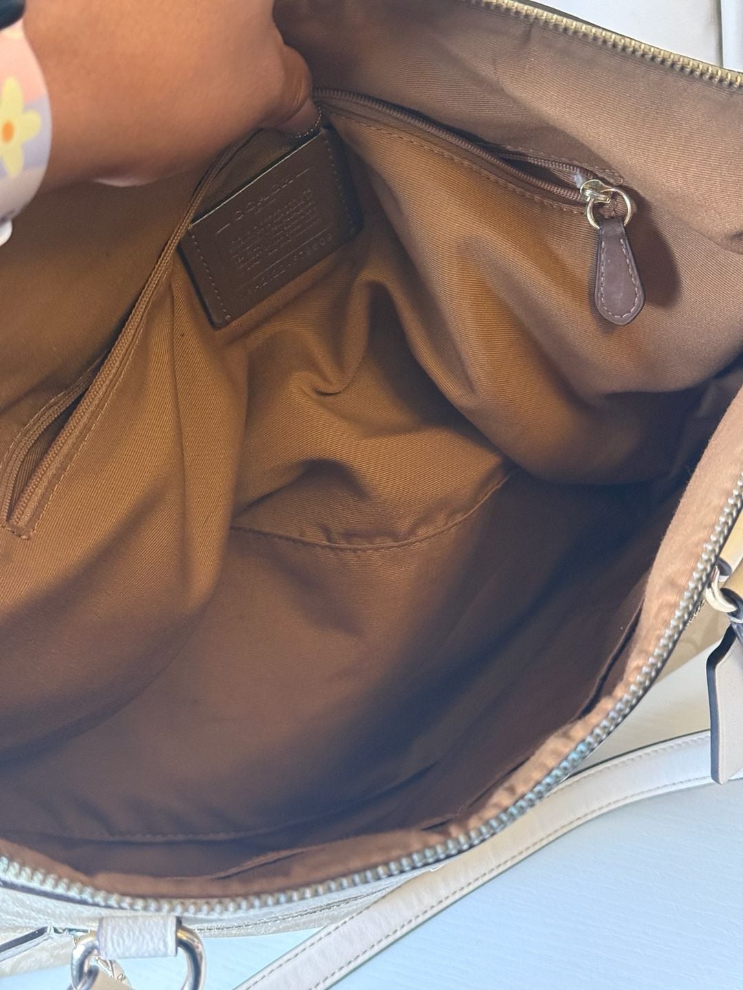 Coach Signature Zip Top Tote Bag Khaki Chalk White 10