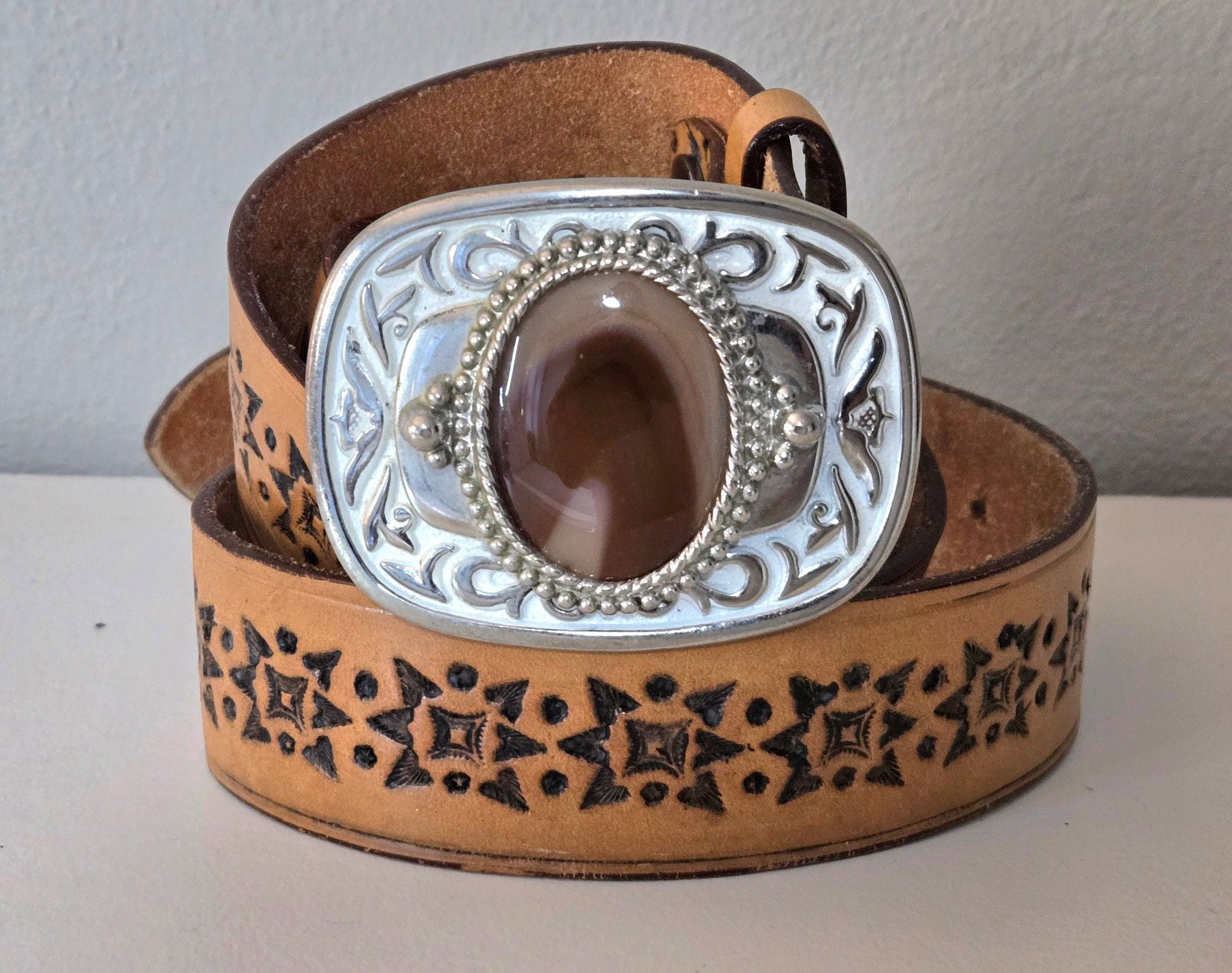 Vogel of Texas Western Belt Size 38 Brown Top Grain Steer Hide Gemstone Buckle 1