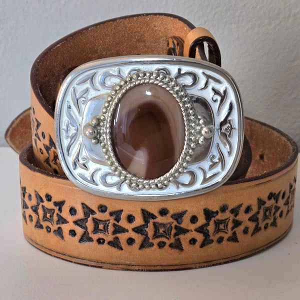 Vogel of Texas Western Belt Size 38 Brown Top Grain Steer Hide Gemstone Buckle