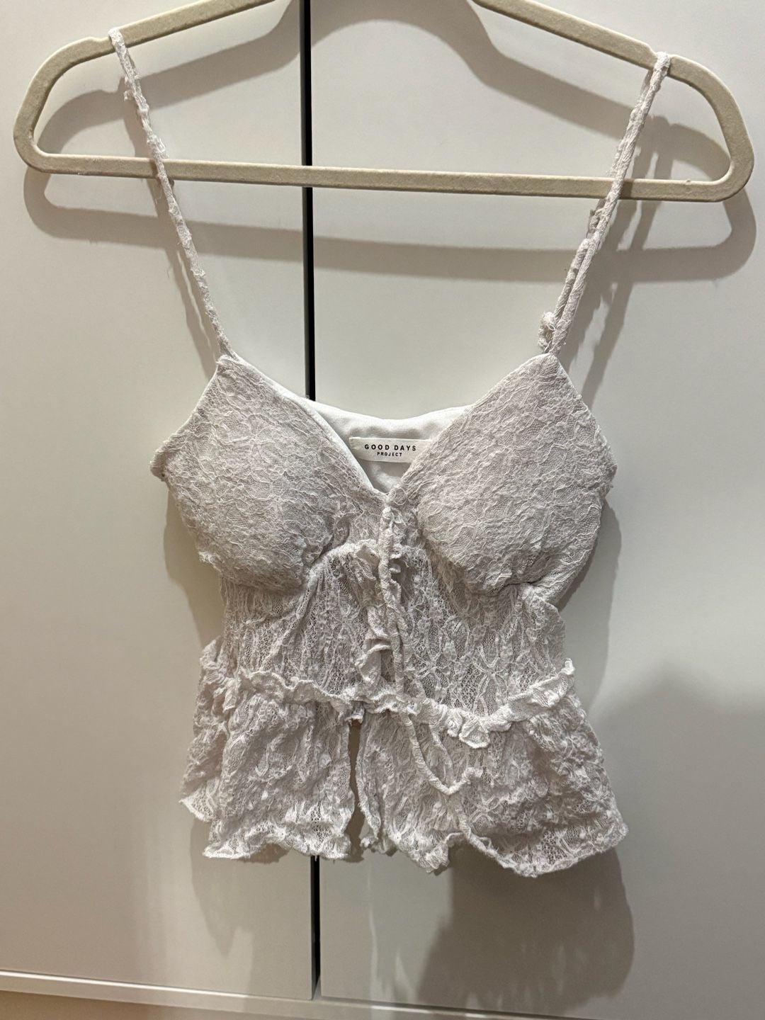 Good Day Project Lace Camisole Top White Tie Front Ruffle Crop 10