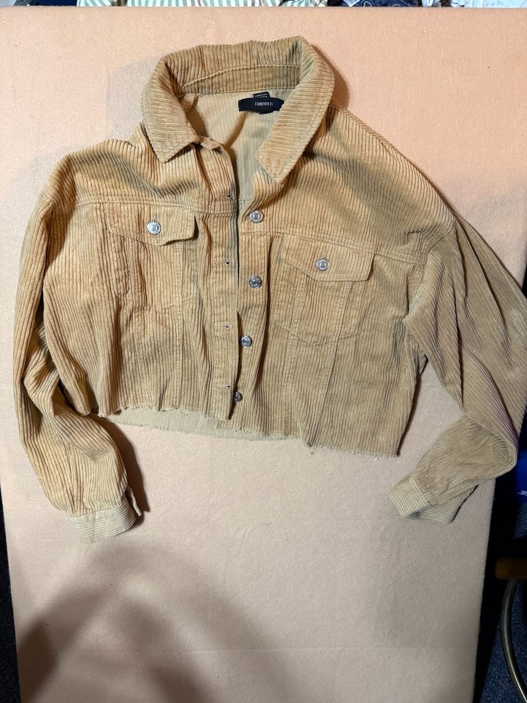 Forever 21 Corduroy Cropped Jacket Size L Tan Raw Hem Button Up 2
