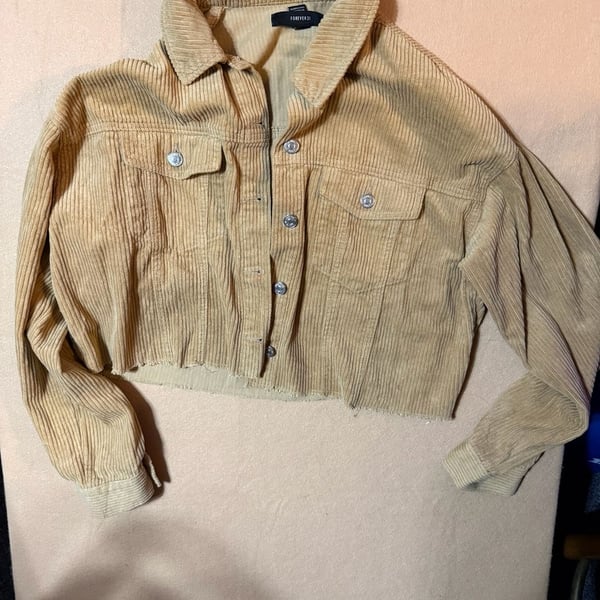 Forever 21 Corduroy Cropped Jacket Size L Tan Raw Hem Button Up