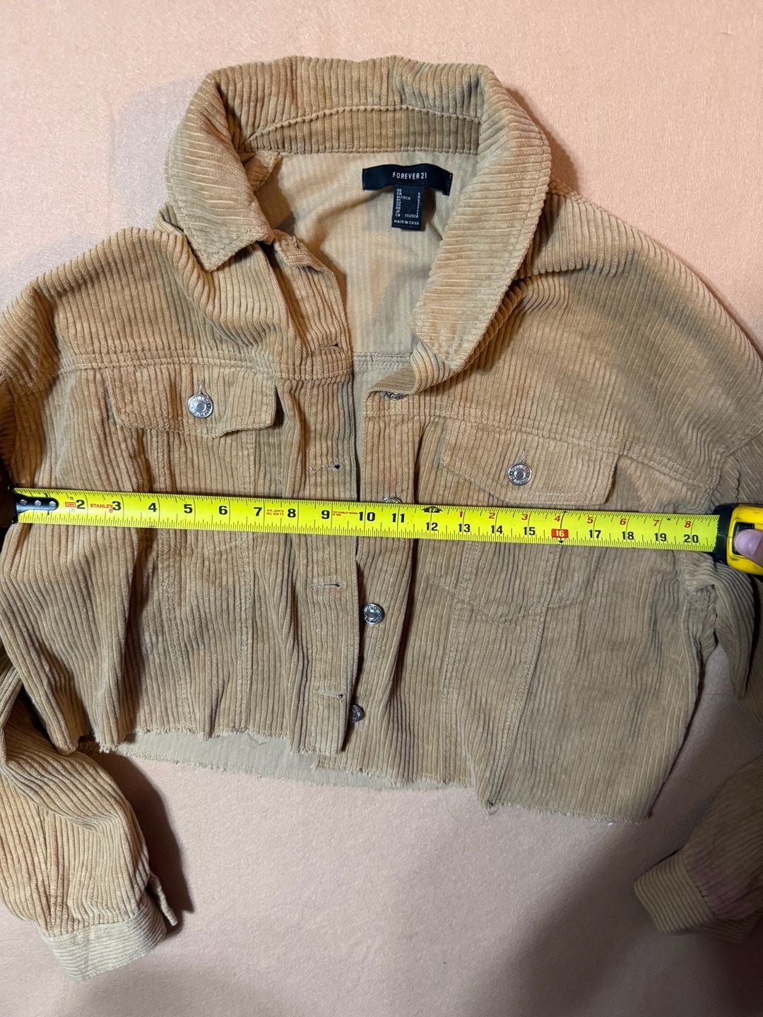 Forever 21 Corduroy Cropped Jacket Size L Tan Raw Hem Button Up 3