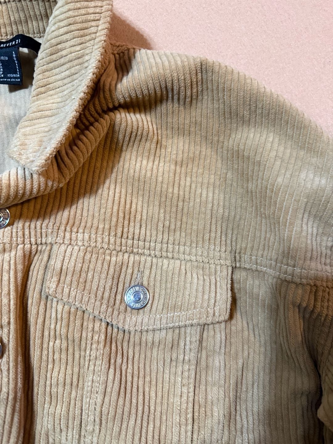 Forever 21 Corduroy Cropped Jacket Size L Tan Raw Hem Button Up 5