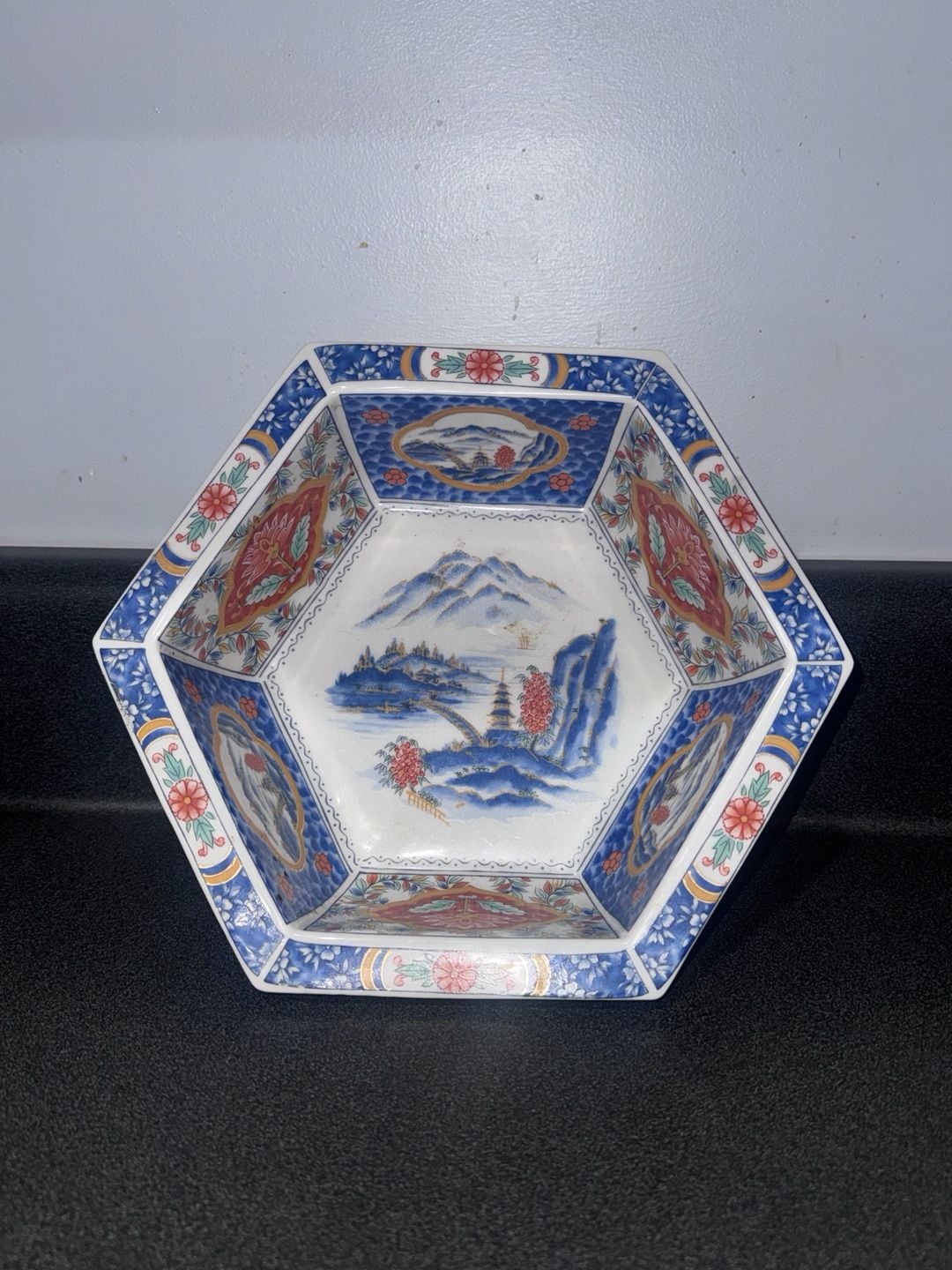 Vintage China IMARI Cobalt Blue Orange Floral Gold Accent Hexagon Serving Bowl 1