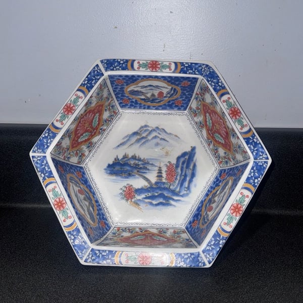 Vintage China IMARI Cobalt Blue Orange Floral Gold Accent Hexagon Serving Bowl