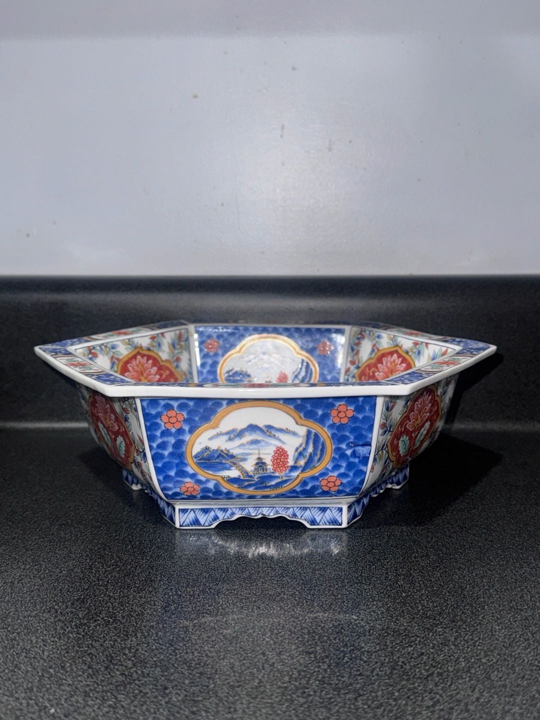 Vintage China IMARI Cobalt Blue Orange Floral Gold Accent Hexagon Serving Bowl 2