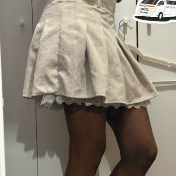 Corduroy Lace Trim Pleated Skirt Beige