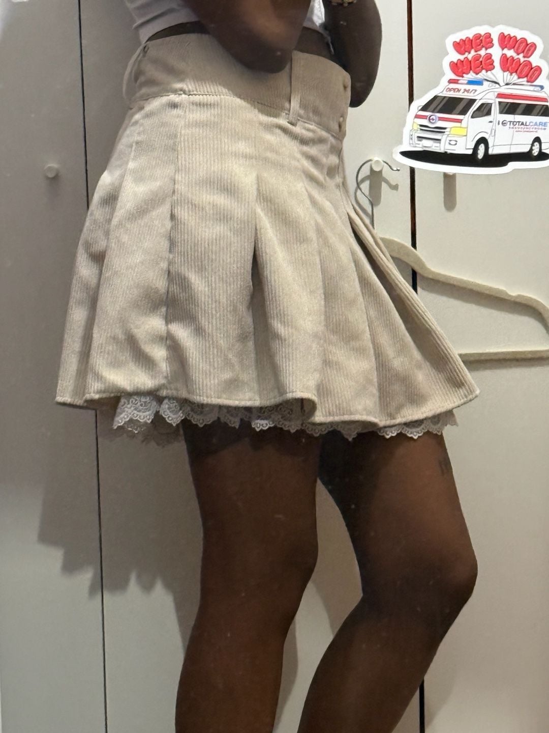 Corduroy Lace Trim Pleated Skirt Beige 3