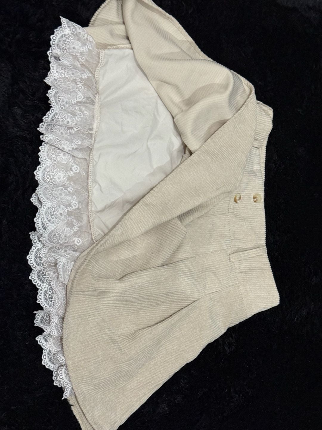 Corduroy Lace Trim Pleated Skirt Beige 8