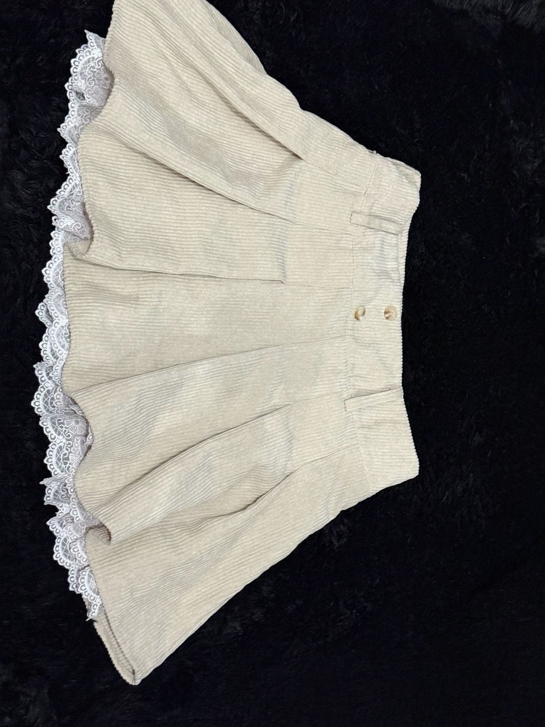 Corduroy Lace Trim Pleated Skirt Beige 9