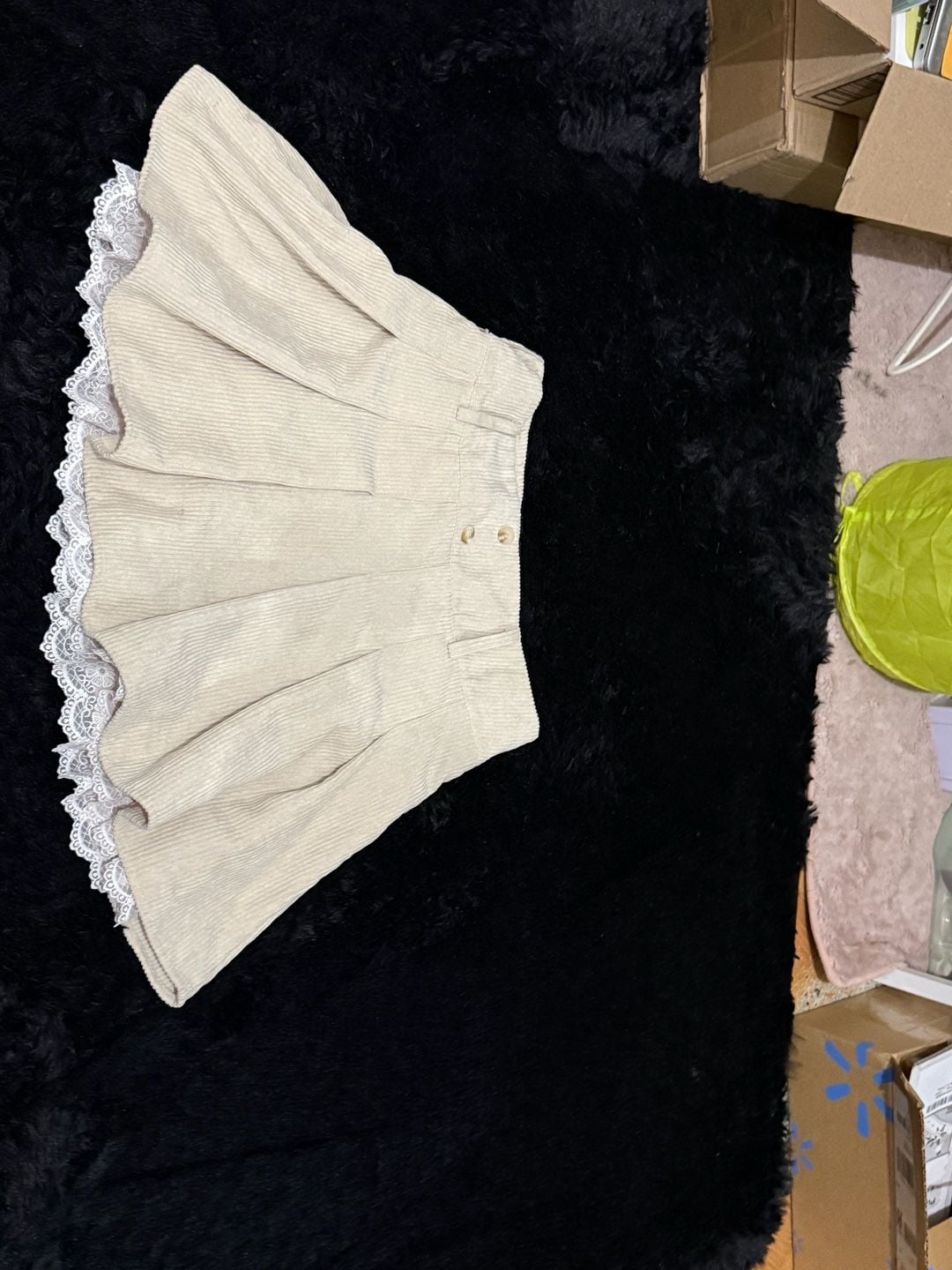 Corduroy Lace Trim Pleated Skirt Beige 10