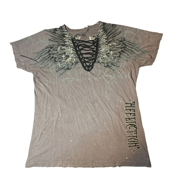 Affliction Women’s Distressed Vulnerable T-Shirt Size X-Large Dusty Rose