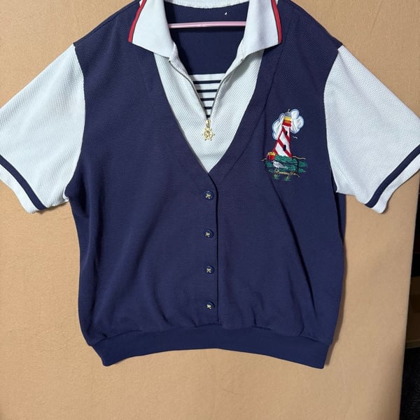 Vintage Lighthouse Golf Sweater Vest Nautical Polo Blue L
