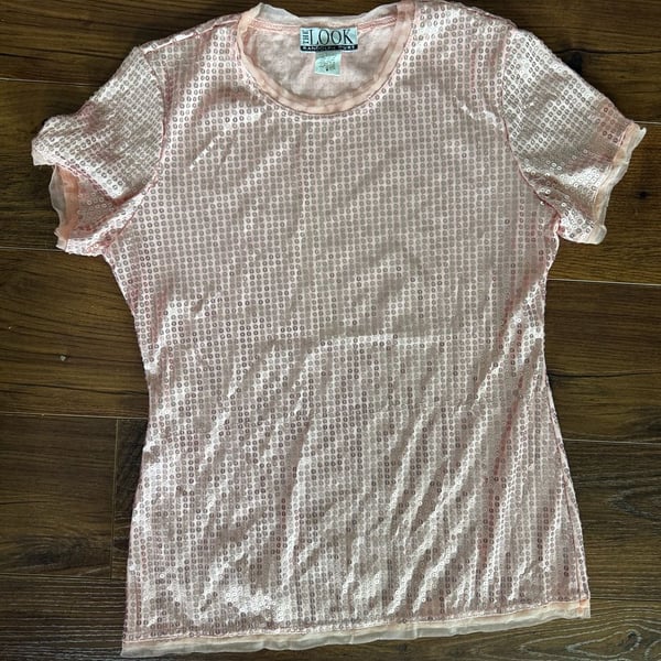 The Look Randolph Duke Sequin Top Size M Pink Mesh Short Sleeve Shirt