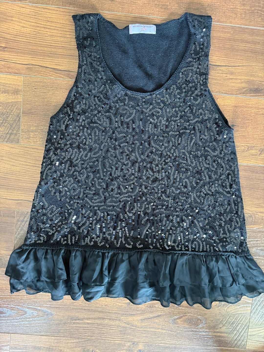 Secrets Of Mine Sequin Tank Top Size M Black Ruffle Hem 2