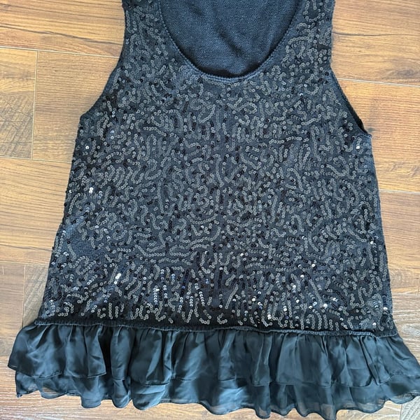 Secrets Of Mine Sequin Tank Top Size M Black Ruffle Hem