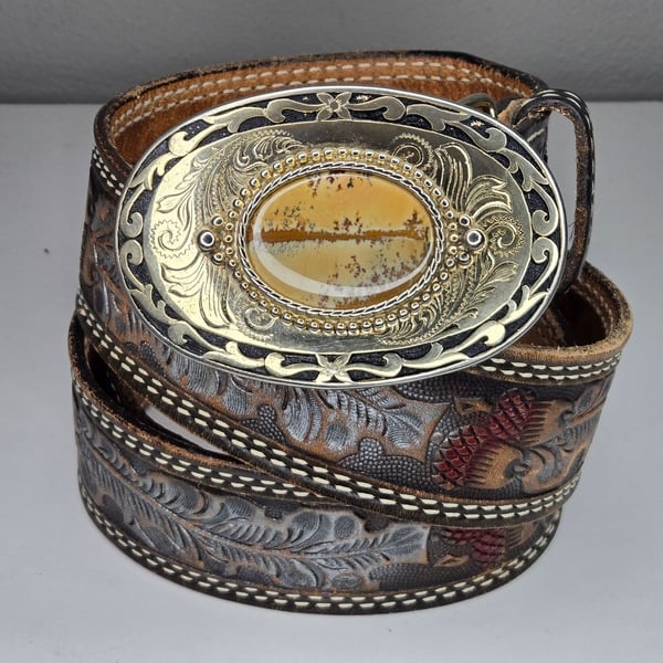 Textan Tooled Leather Belt Size 36 With Stone Buckle