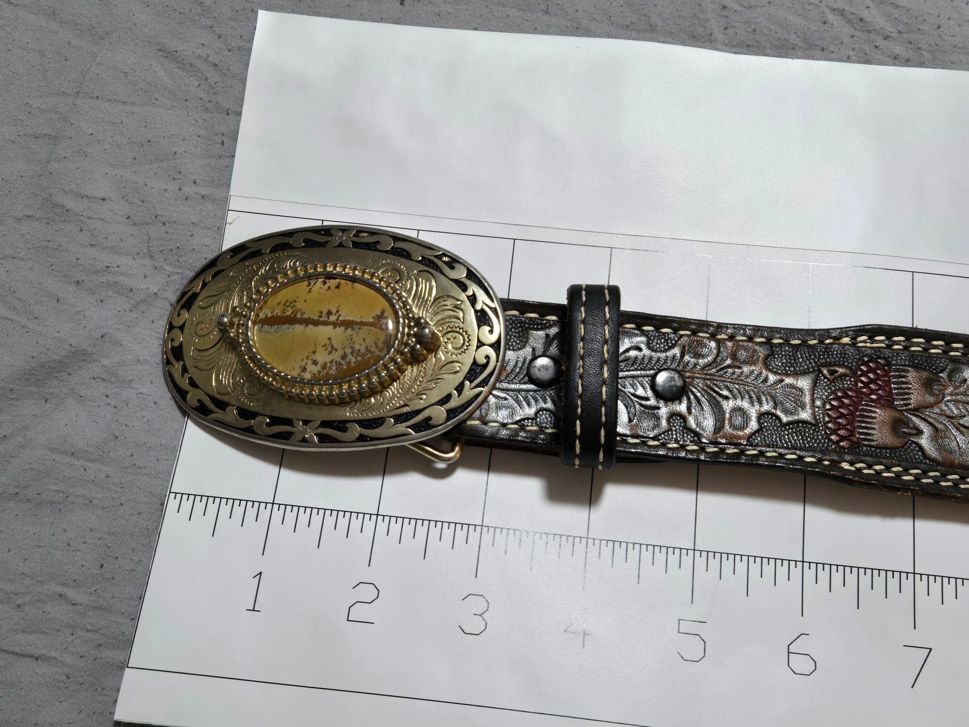 Textan Tooled Leather Belt Size 36 With Stone Buckle 7