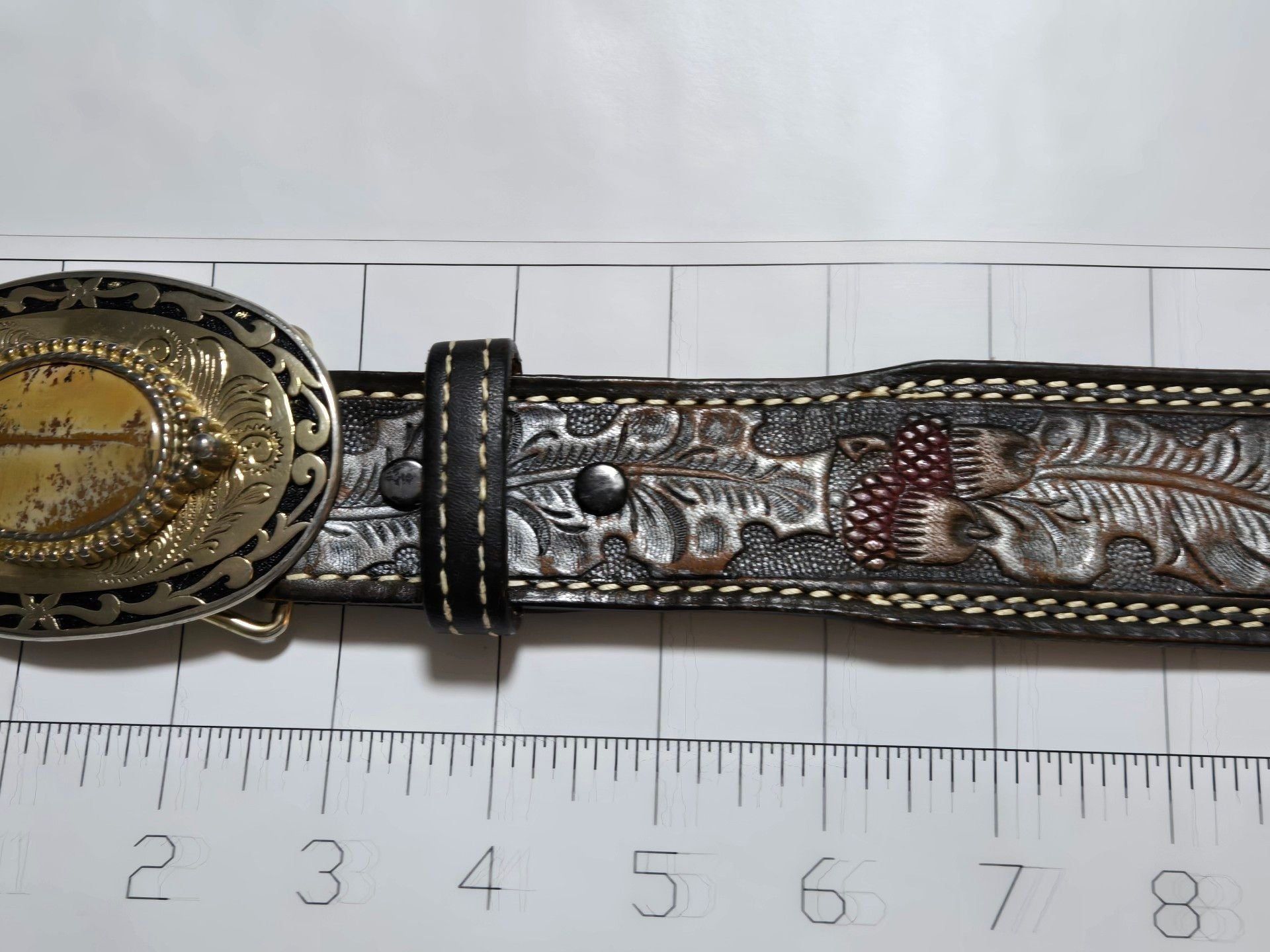Textan Tooled Leather Belt Size 36 With Stone Buckle 9