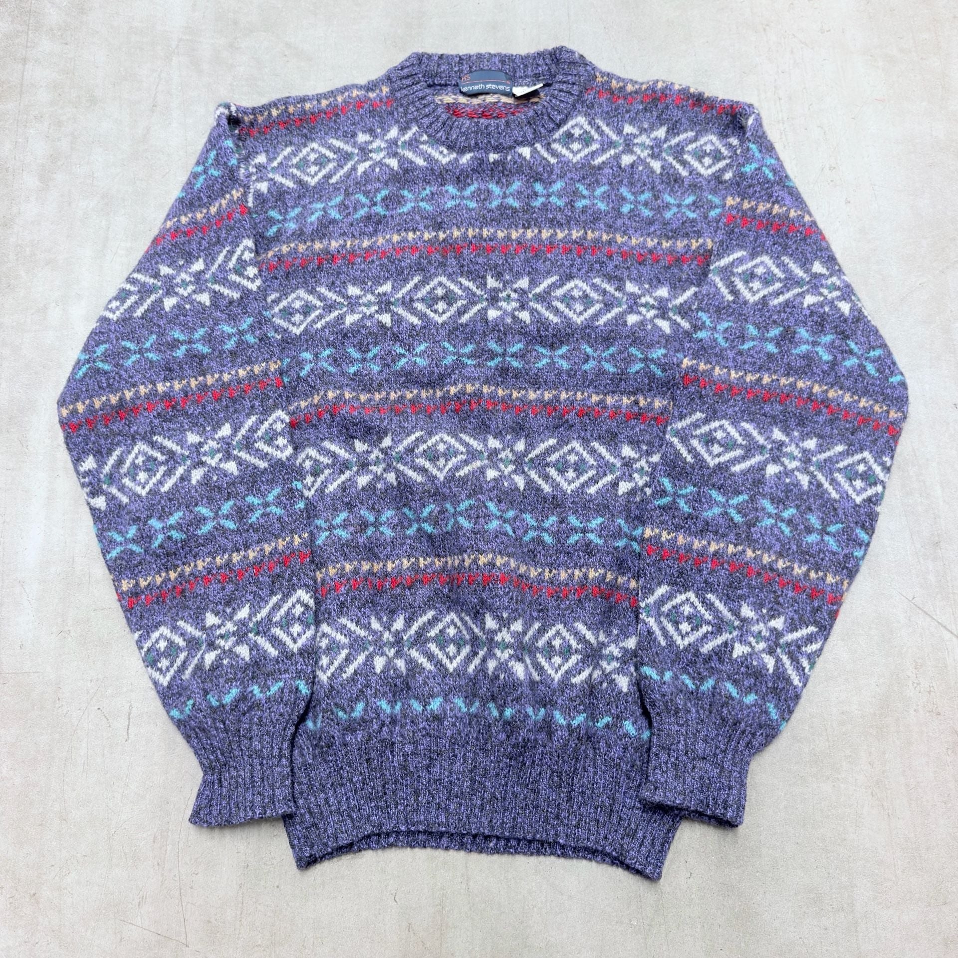 Kenneth Stevens Wool Sweater Size L Purple Fair Isle Geometric Vintage 2