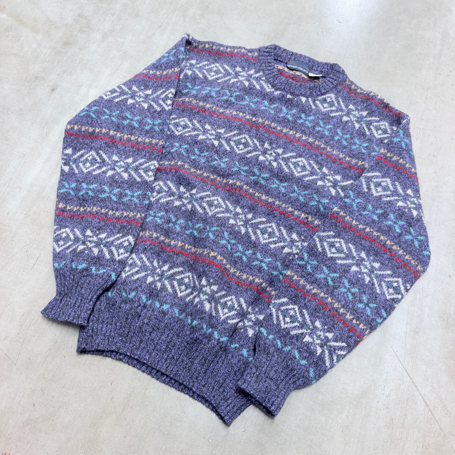 Kenneth Stevens Wool Sweater Size L Purple Fair Isle Geometric Vintage 3