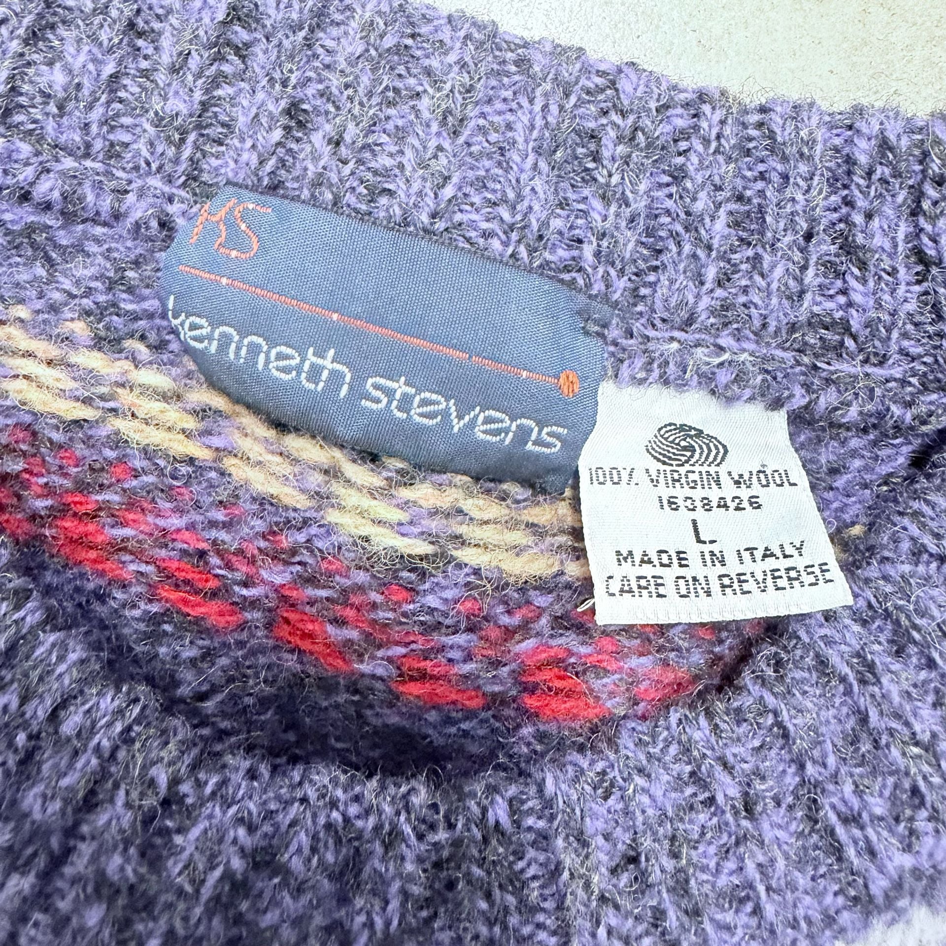 Kenneth Stevens Wool Sweater Size L Purple Fair Isle Geometric Vintage 4