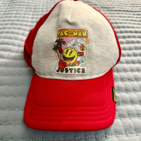 Justice Pac-Man Trucker Hat One Size Red Gray Graphic Snapback Cap